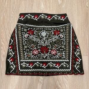 Embroidered Floral Skirt - Green and Red